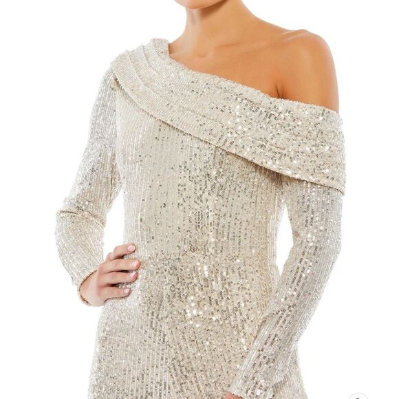 Mac Duggal 26596 SEQUINED DROP SHOULDER LONG SLEEVE JUMPSUIT Nude Gold 10 - Picture 3 of 14